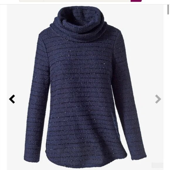 Chicos Sparkle Lurex Stripe Cowl Neck Tunic Top Knit Navy Black (Size M) - Picture 7 of 13